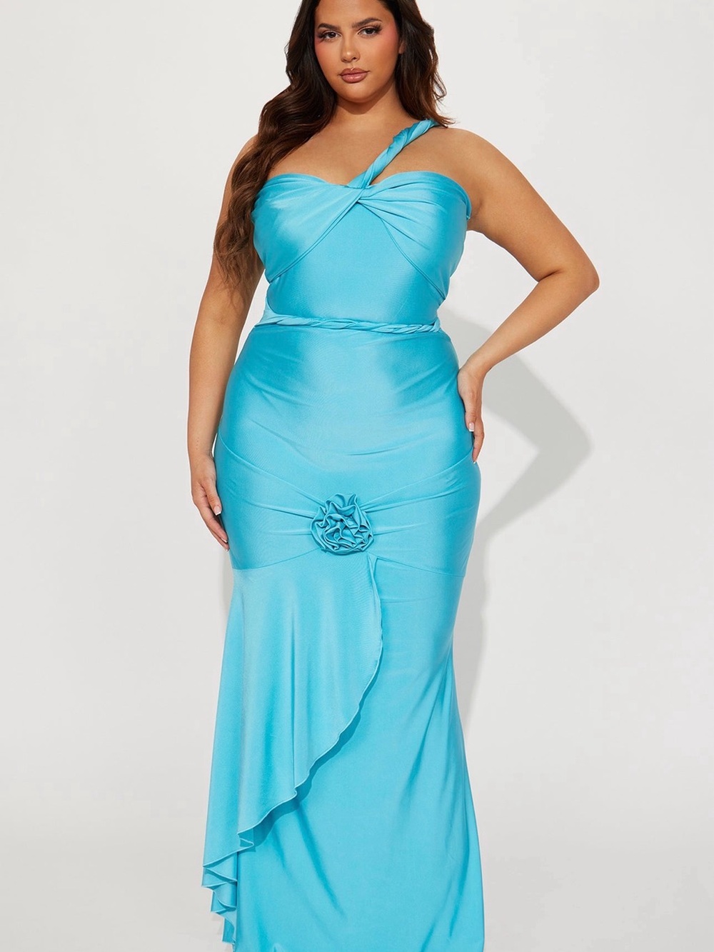 Fashion Nova Aqua One-Shoulder Braided Waist Evening Gown